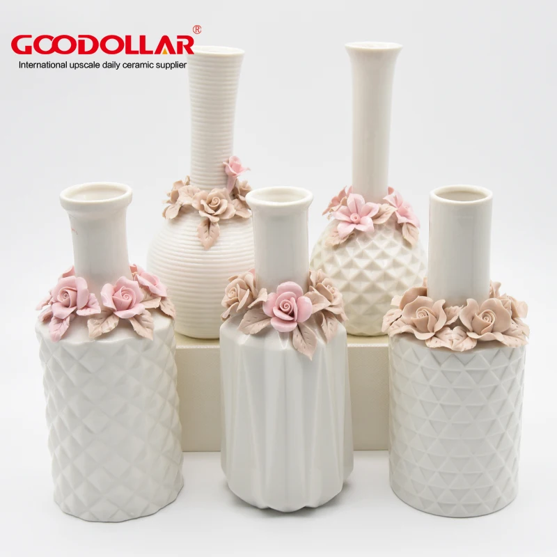 

Handmade flowers decor narrow-mouth geometric shape white vase ceramic, Customized