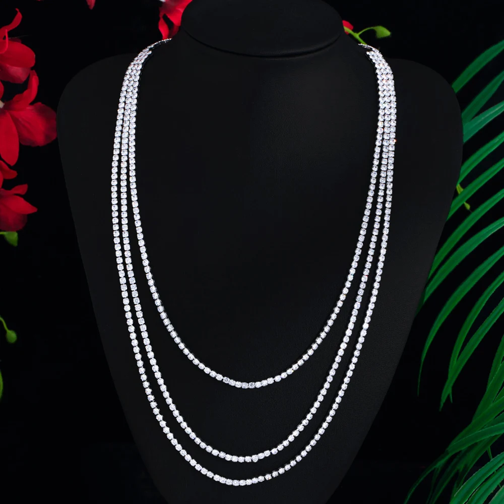 Sparkling Multi Layered Round Cubic Zirconia Big Long Tennis Sweater Chain Necklace for Women Party Costume Hip Hop Jewelry