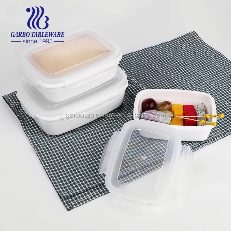 3pcs Set White Porcelain Food Container Rectangular Lunch Box Ceramic