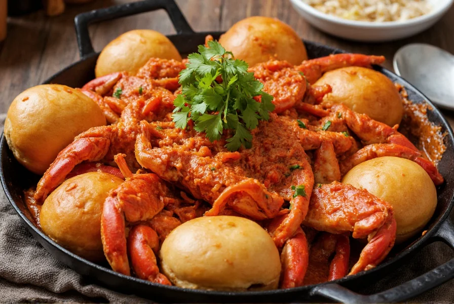 Fresh Singapore chili crab served in a wok with mantou buns and garnished with coriander