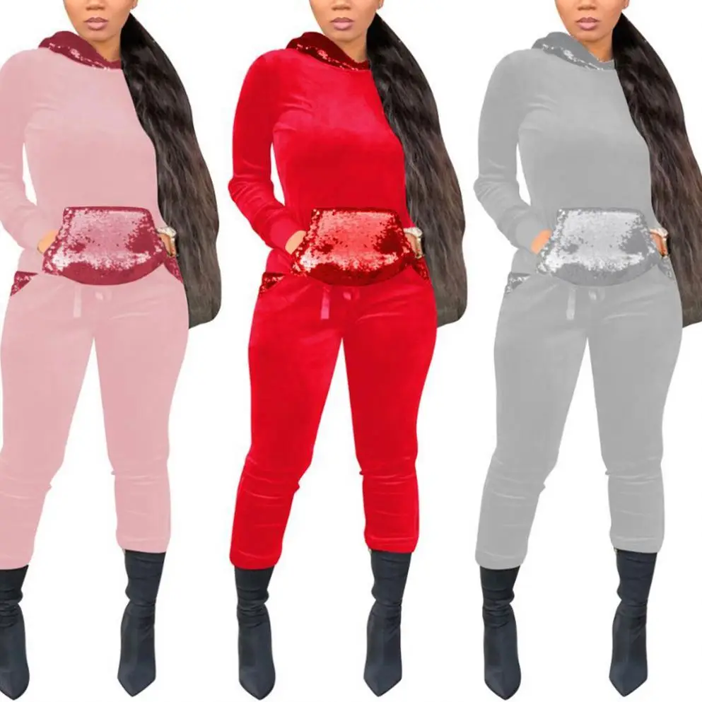 

2020 Hot Sale Autumn Solid Color Hoodies Sweatpants Suit Outfit Two Piece Set Women