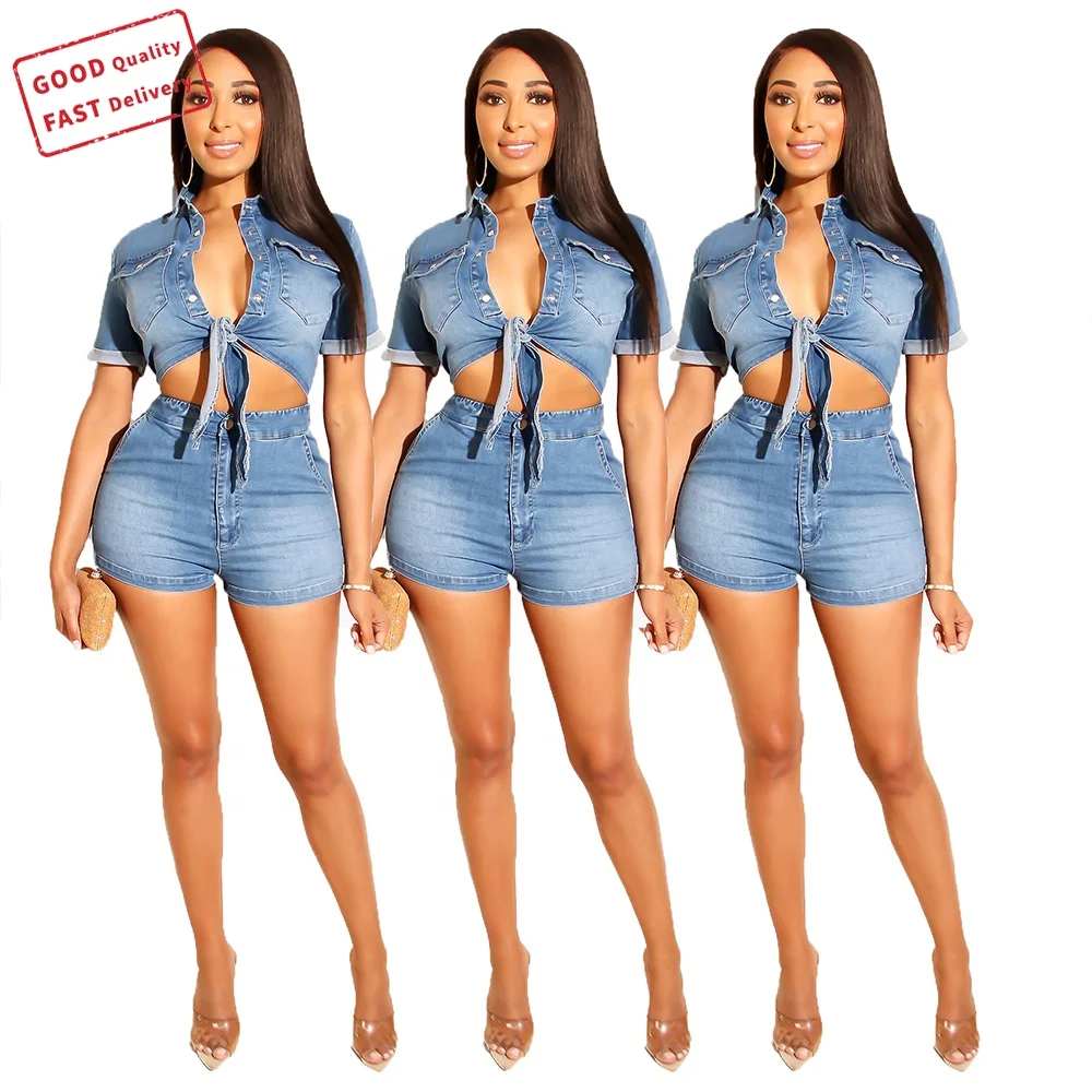 

GQ2573 hot sale women sexy two piece sets solid color crop top shorts two piece denim sets for women fashionable two piece set, Picture