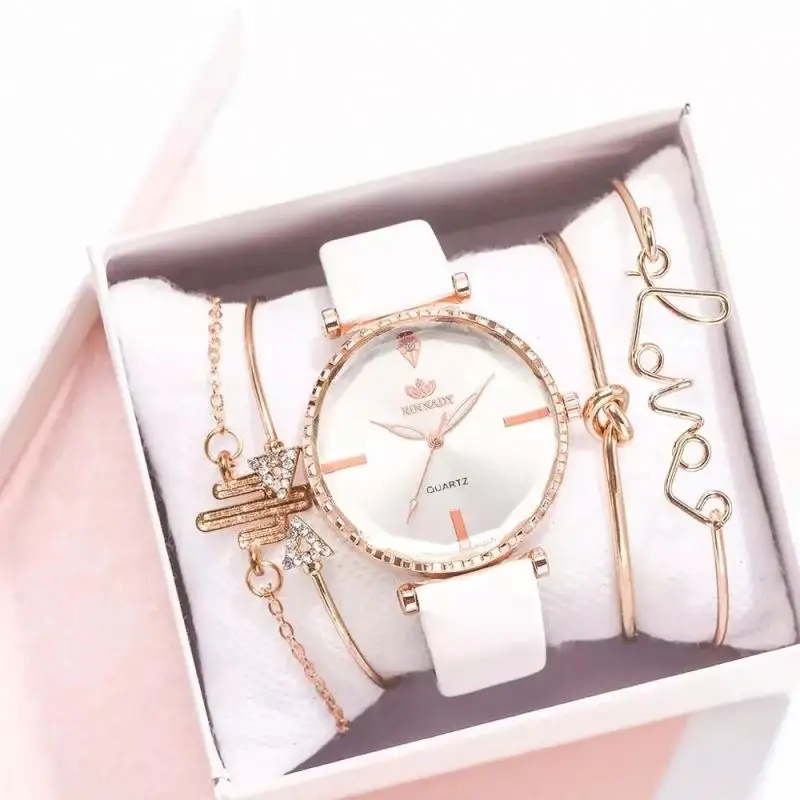 

5pcs Set Fashion Style Women's Luxury Leather Band Analog Quartz Wristwatch Ladies Watch Women Dress Reloj Mujer