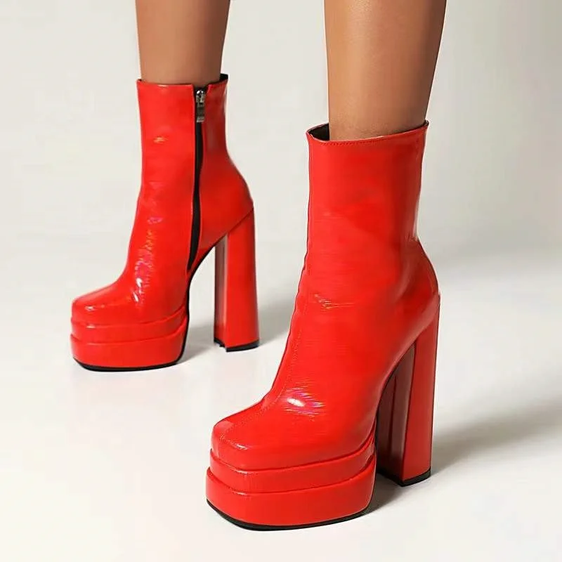 

Big Square Toe Shoes Patent Leather Ankle Boots High Chunky Heel Side Zip Women Boots Thick Platform Size 46, Black white red