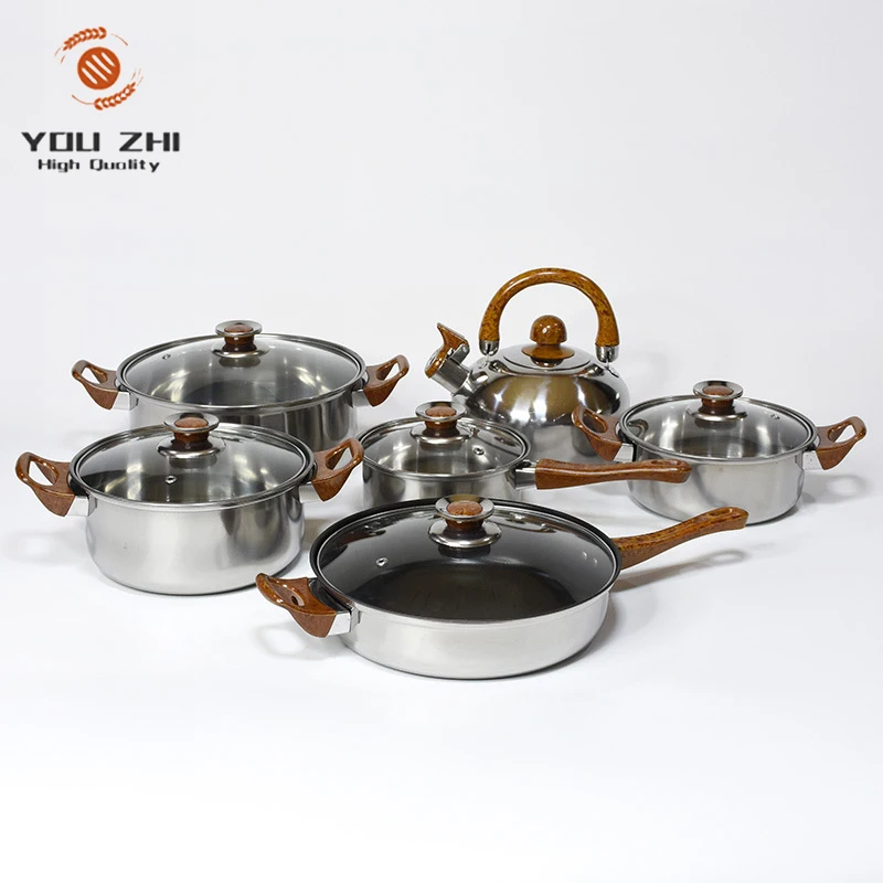 

Low Price Stainless Steel 12 Piece Pot Wood Grain Handle With Kettle Pot Kitchen Cooking Pot cookware set, Stainless steel color