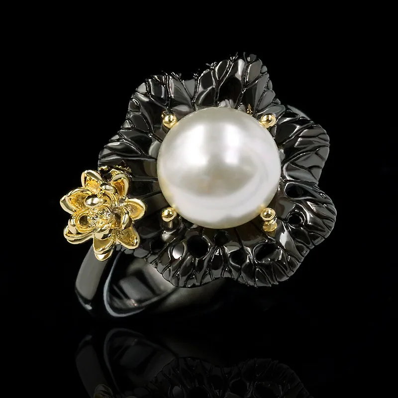 

Exquisite Jewelry KYRA01141Black Plated Vintage Palace Flower Shape Inlaid Pearl Ring For Women, Black