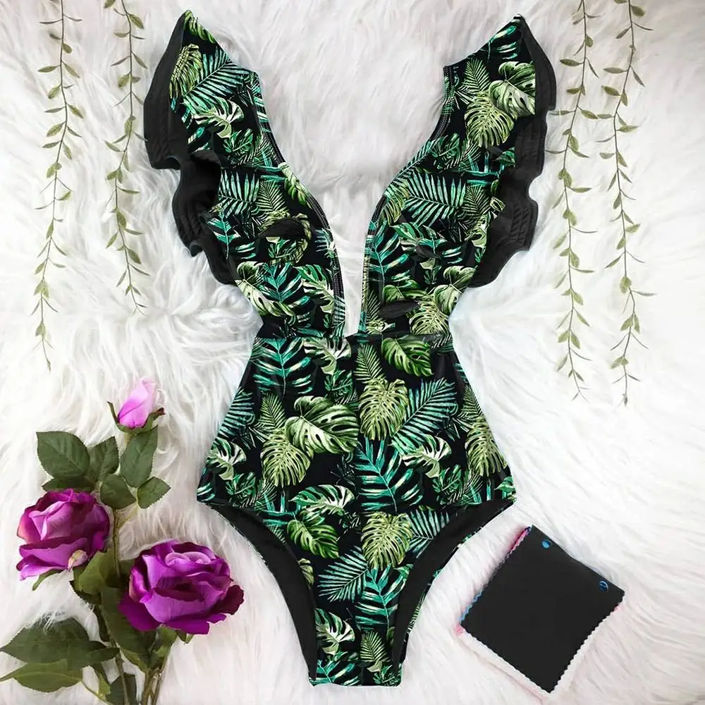 

2021 Ruffle One Piece Girl Swimsuit Off The Shoulder Swimwear Women Flora Deep-V Bathing Suits Beach Wear Swim Suit biquini