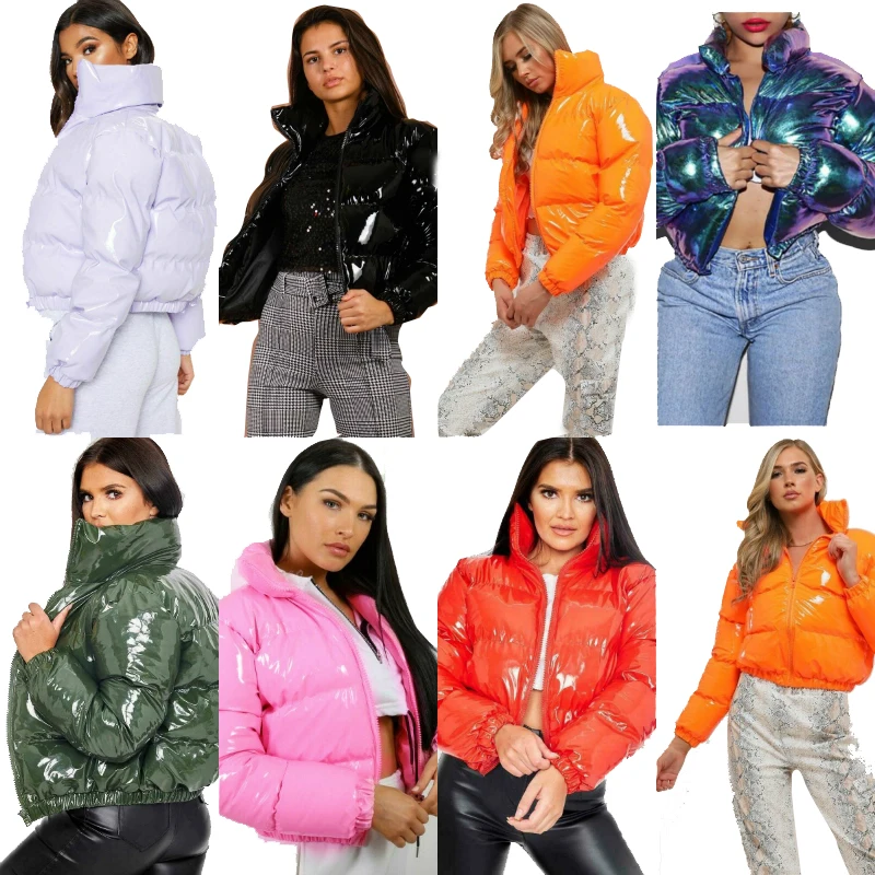 

ladies winter clothes custom logo bomber parka trench coat women zipper shiny down jacket thick crop puffer bubble coats Jacket, Picture