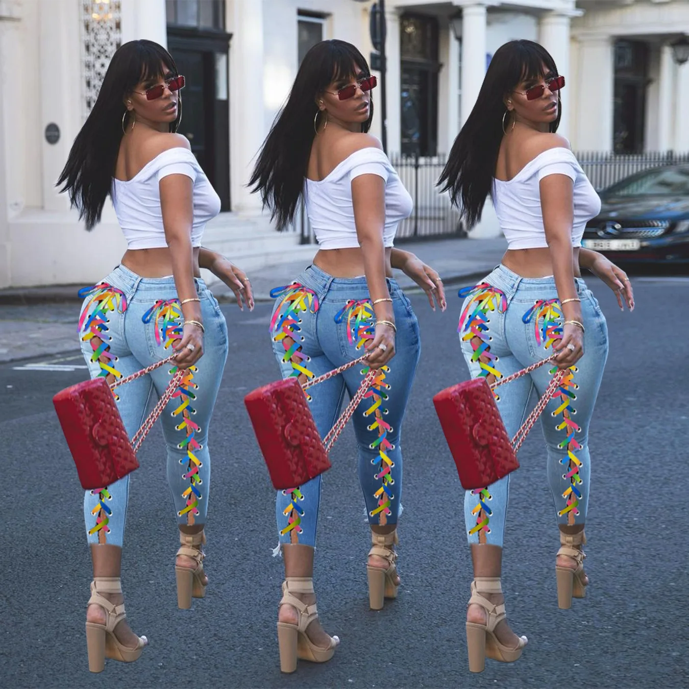 

DLL Hot sale 2021 Sexy slim fashion design straps bandage jeans pants for women, As picture or customized make