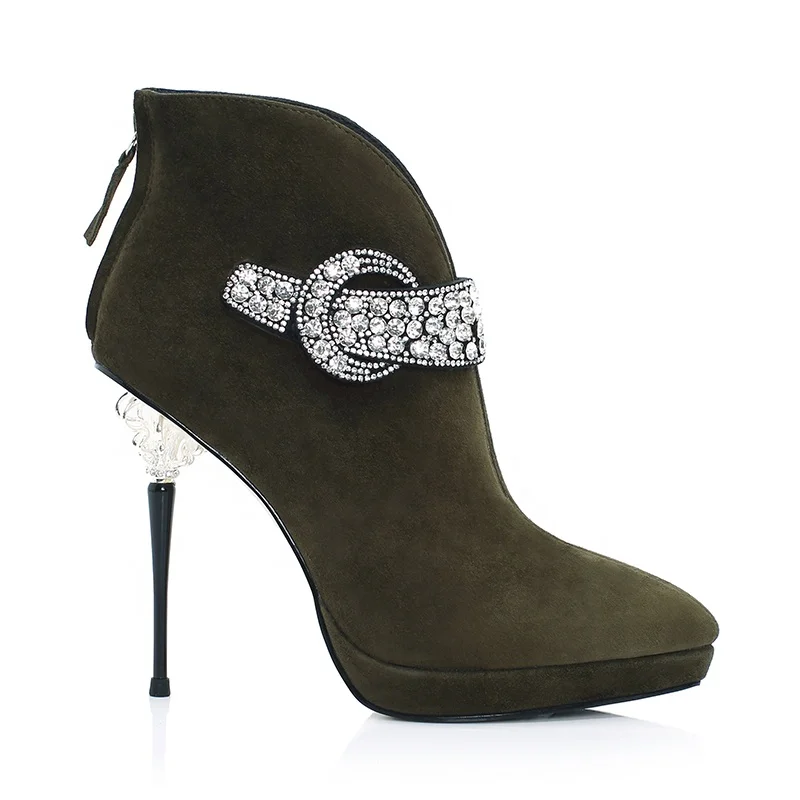 

Hot Crystal Buckle Ankle Boots Platform High Heel Boots Women Suede Leather Boots, Black & army green