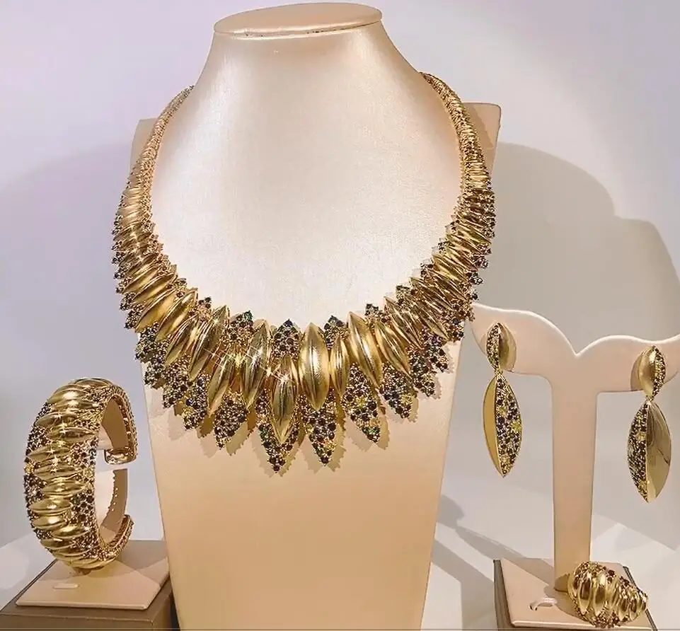 

Latest American Diamond bridal wedding Luxury factory fashion wholesale 5A zircon copper real gold plated jewelry set