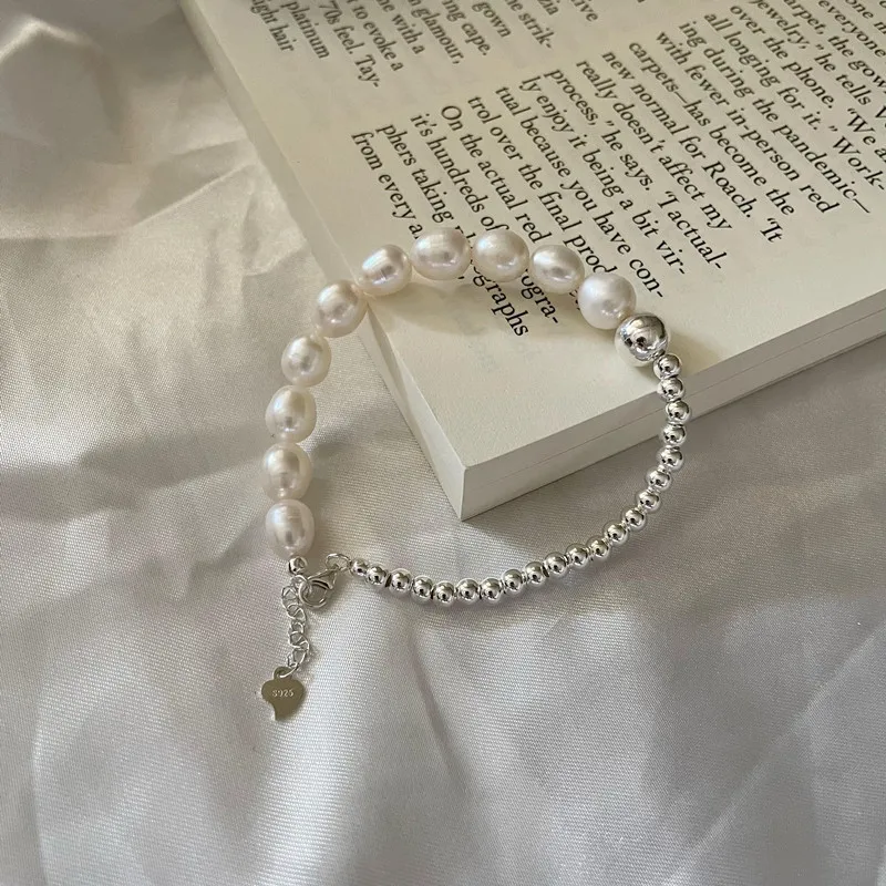 Handmade 925 Sterling Silver Freshwater Pearl Round Beaded Bracelet Women Fine Jewelry