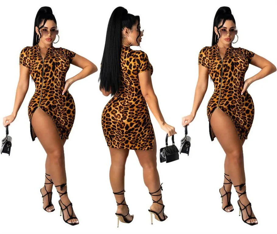 

New arrival in 2021 European and American womens zipper open leopard print sexy fashion mini casual dresses