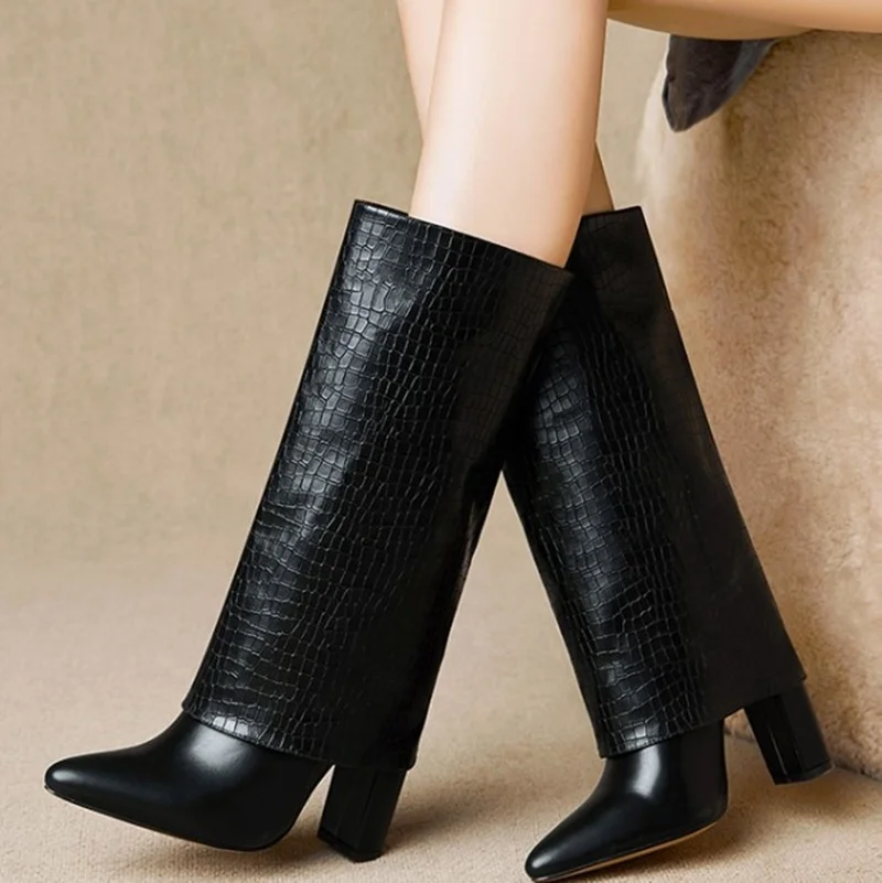 

2020 Latest Crocodile Print Slip On Pointed Toe Women Knee High Boots Fashion Shoes Winter Sexy High Chunky Heel Big Size 43, Black,white