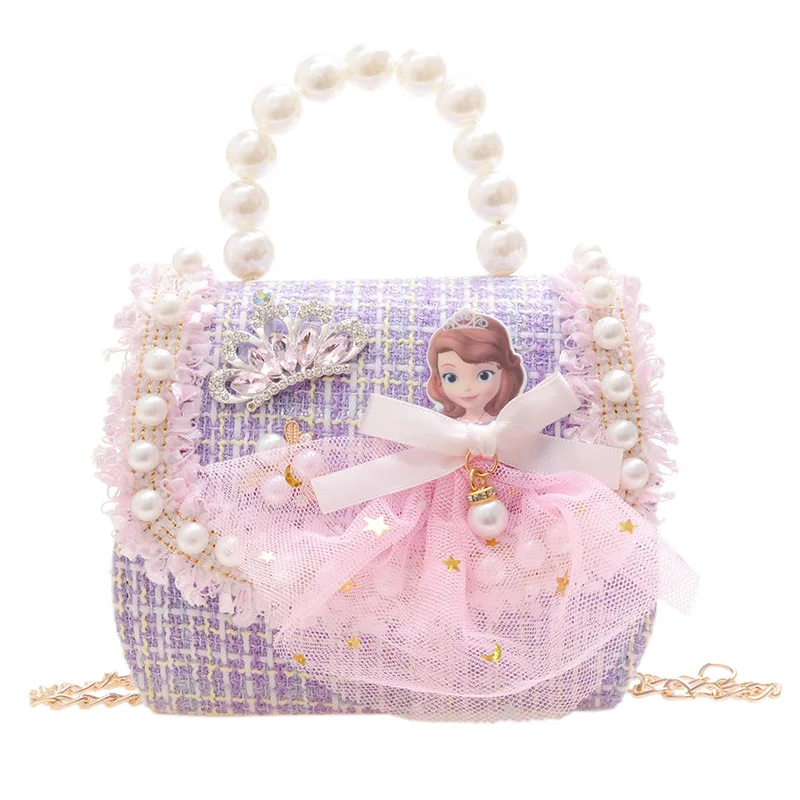 

New hot sale princess pearl kids hand bags for outdoors party, Pink