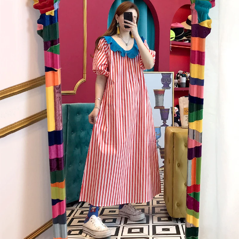 

Wholesale 2020 Spring and Summer Korean Doll Collar Lace Loose Puff Sleeve Long Striped Dress Casual Loose A-line Female Dress