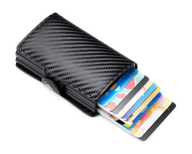 

2021 carbon fiber PU aluminum alloy wallet leather automatic pop up Rfid ID card holder wallet purse women men wholesael