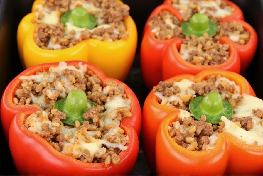 Four red and yellow bell peppers filled with ground beef and rice mixture, baked until tender with melted cheese on top