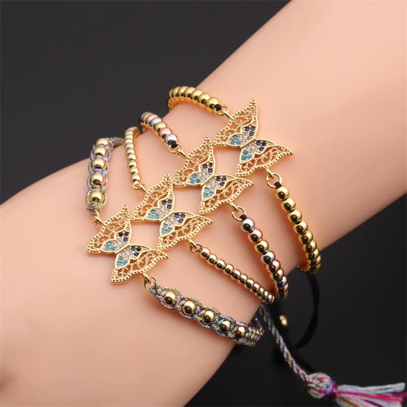 

Newest Design Multi Color Cubic Zircon Butterfly Charm Bracelets Adjustable Micro Pave CZ Butterfly Beaded Bracelets