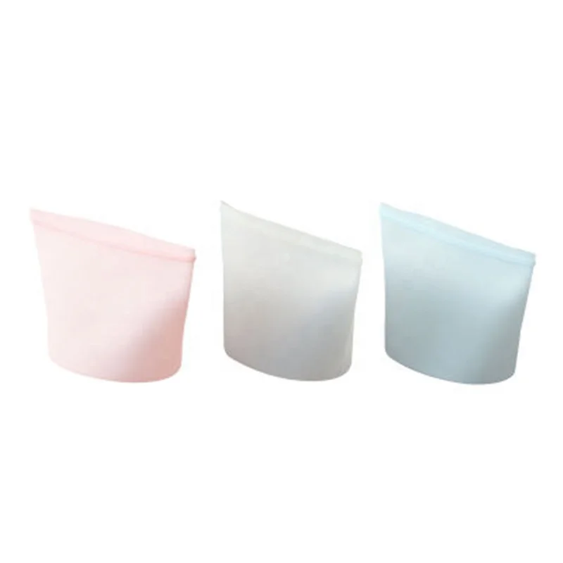 

New Design Zipper Reusable Silicone Foldable Food Storage Bag, White/blue/pink