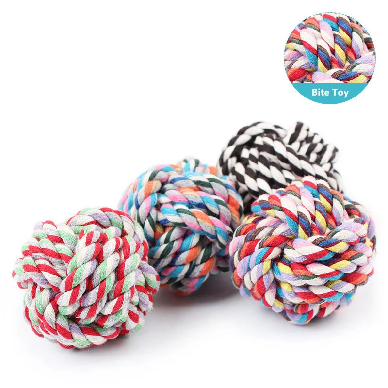 

wholesale colorful 55mm pet cotton rope woven dog bite resistant manual woven ball Interactive Pet cat Toys, Mixed