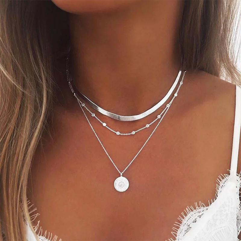 

2020 NEW Lotus Necklaces Multi Layer Girl Silver Color bar Bohemia Alloy Necklace Multilayer Chain Women Collares Collier femme