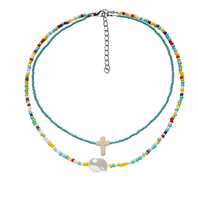 

Colored rice bead necklace for women with double laminated student collarbone chain cross choker choker for women, Gold
