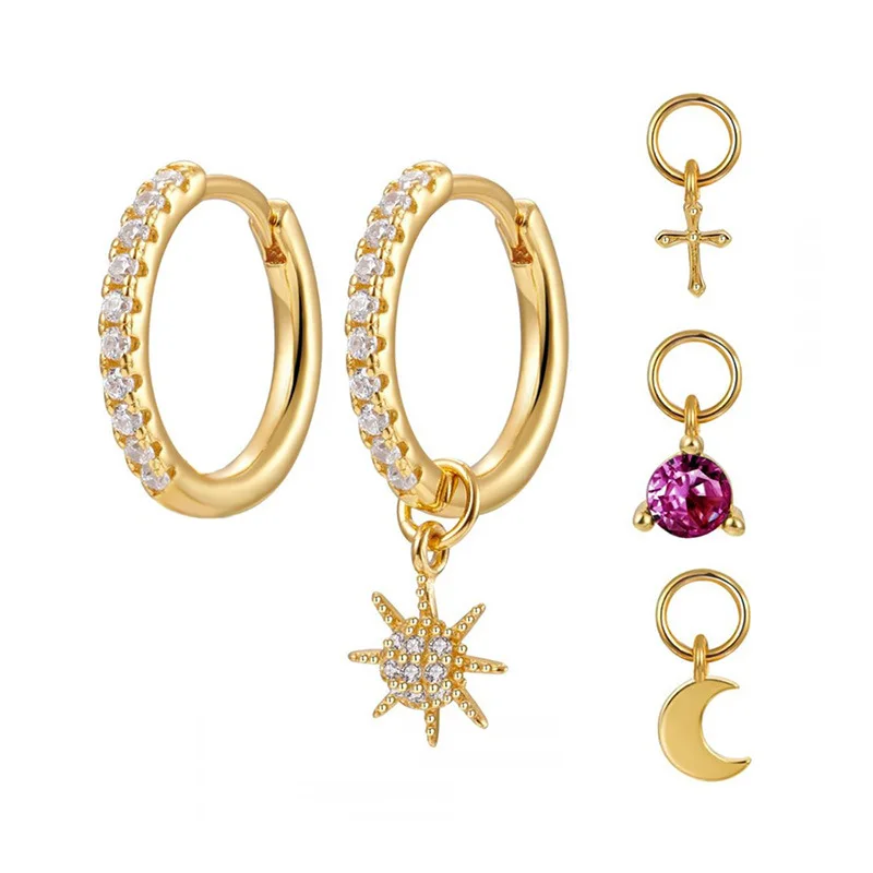 

Vintage 4 pendants crystal earrings set Sterling Silver jewelry S925 brass gold plated jewelry ear cuff for girls