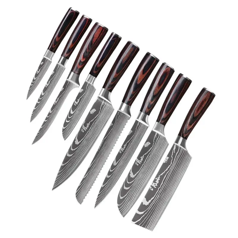 

High quality wooden handle corrugated kitchen knife set Juego de cuchillos de cocina ondulados con mango de mader