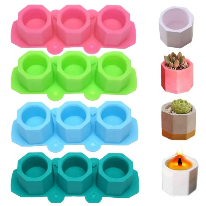 

Multifunction Colorful 3 Cavity Octagon Flower Potted Plant Pot Concrete Cement Silicone Mold, Blue, green, dark green