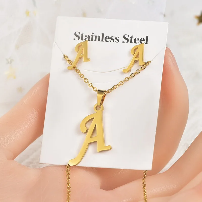 

costume fashion women ladies necklace earring set stainless steel luxury jewelry set 18k gold plated letter initial jewelry set, Customized