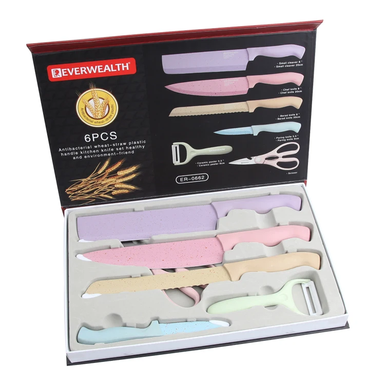 

EVERRICH Hot sales OEM/ODM 6pcs colorful whreat straw and PP kitchen knife with ready goods gift box non-stick knife set