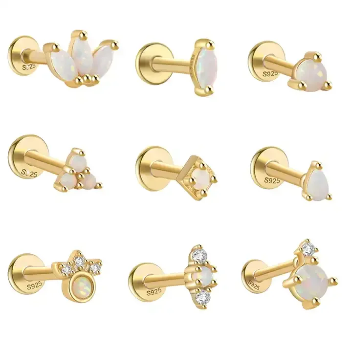 

Trending Multiple Design Piercing Earrings 925 sterling Silver 18k Gold Geometry small Opal Stud Piercing Earrings Girls