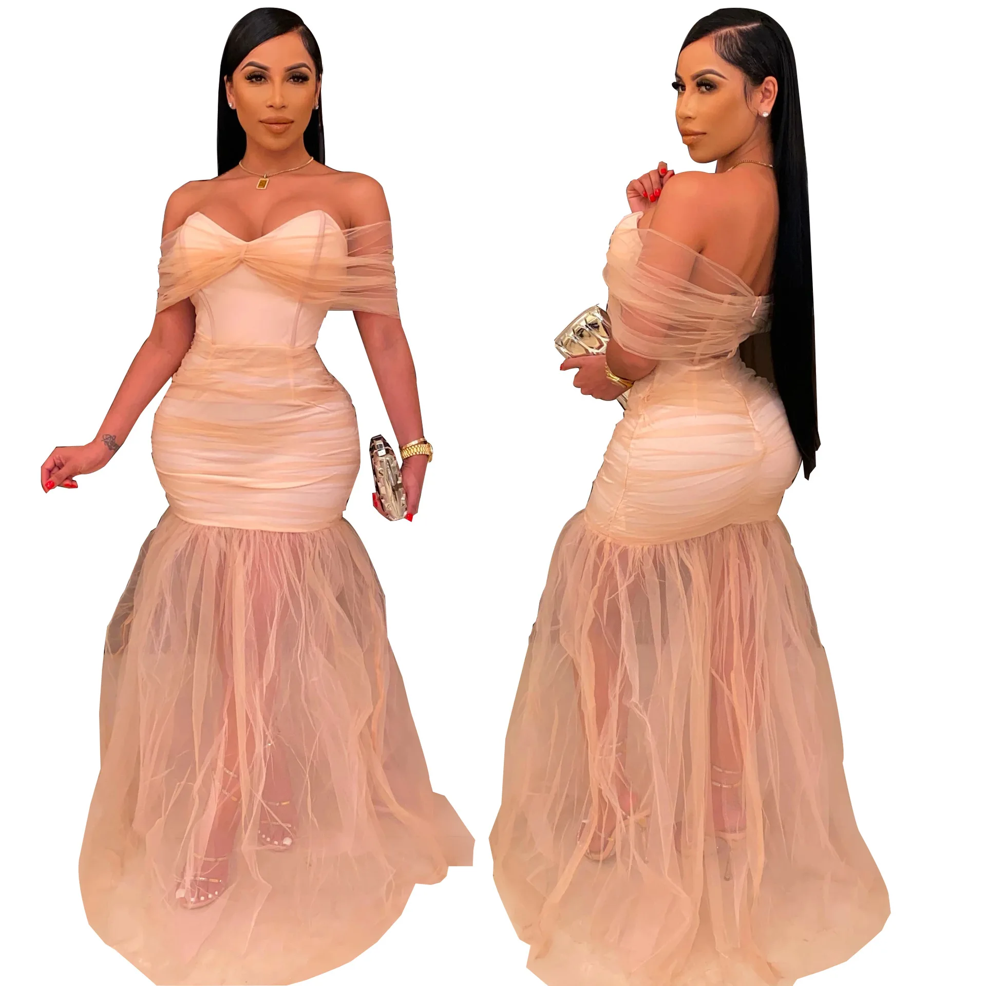 

2021 Spring Stylish Vetements Clothing Women Sexy Polyester Slim Fit Transparent Mesh Off Shoulder Maxi robe Pink Long Dress