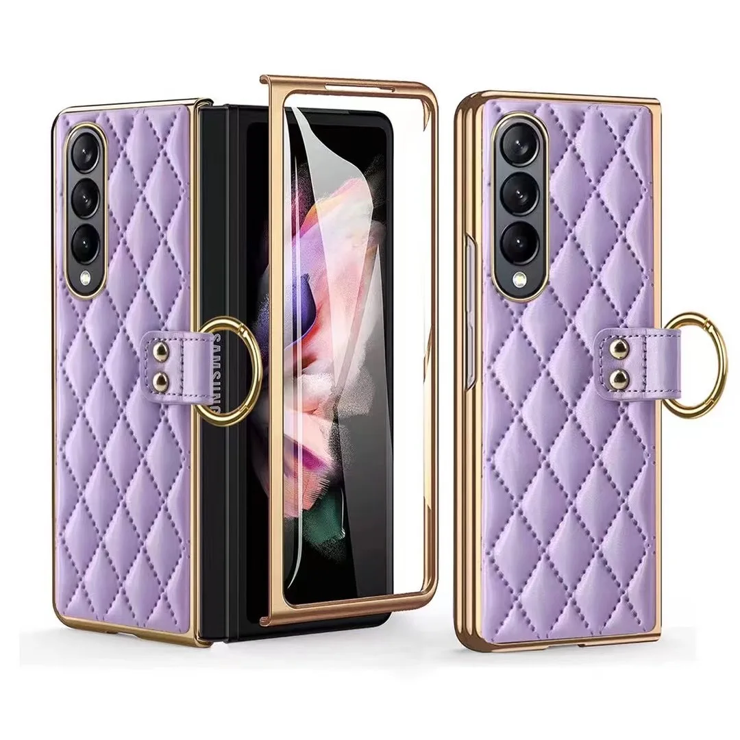 

Luxury for Z Fold 5 4 Phone Case PU Leather Ring Full Protection Case with Glass Protective Film For Samsung Galaxy Z Fold 3