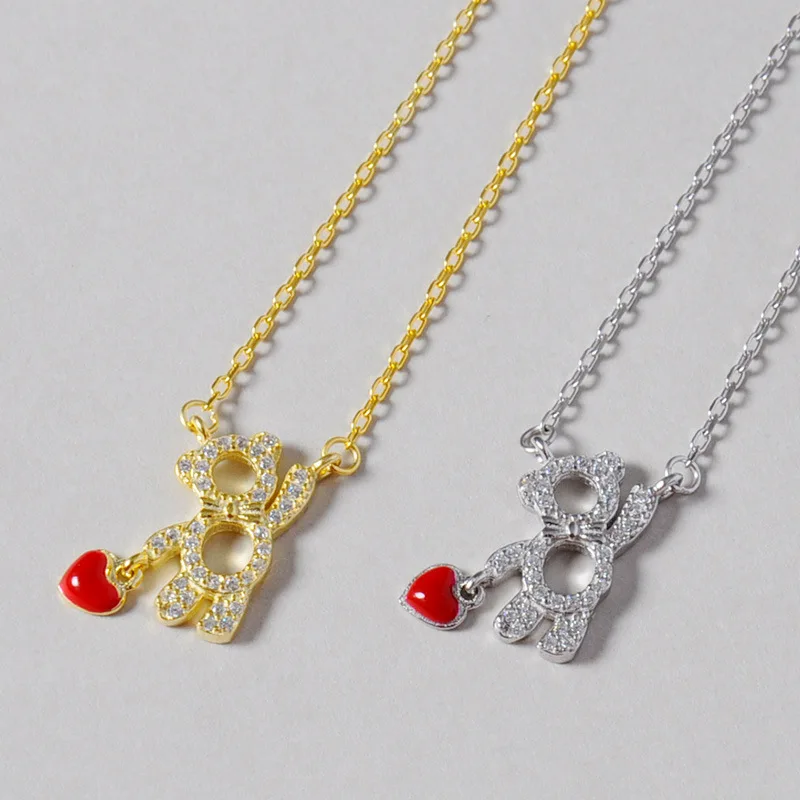 

Women Fashion s925 sterling silver necklace Love Bear Pendant full diamond couple clavicle chain Valentine's Day present