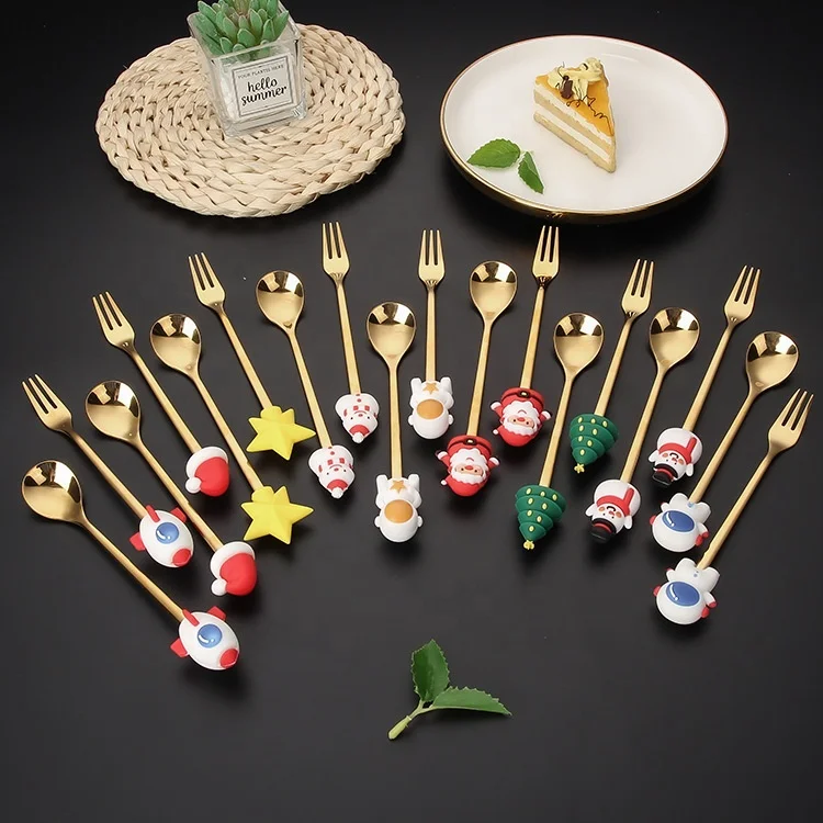 

Christmas Tableware Creative Stainless Steel Spoon Santa Claus Doll Spoon Set Dessert Coffee Stir Spoon Fork