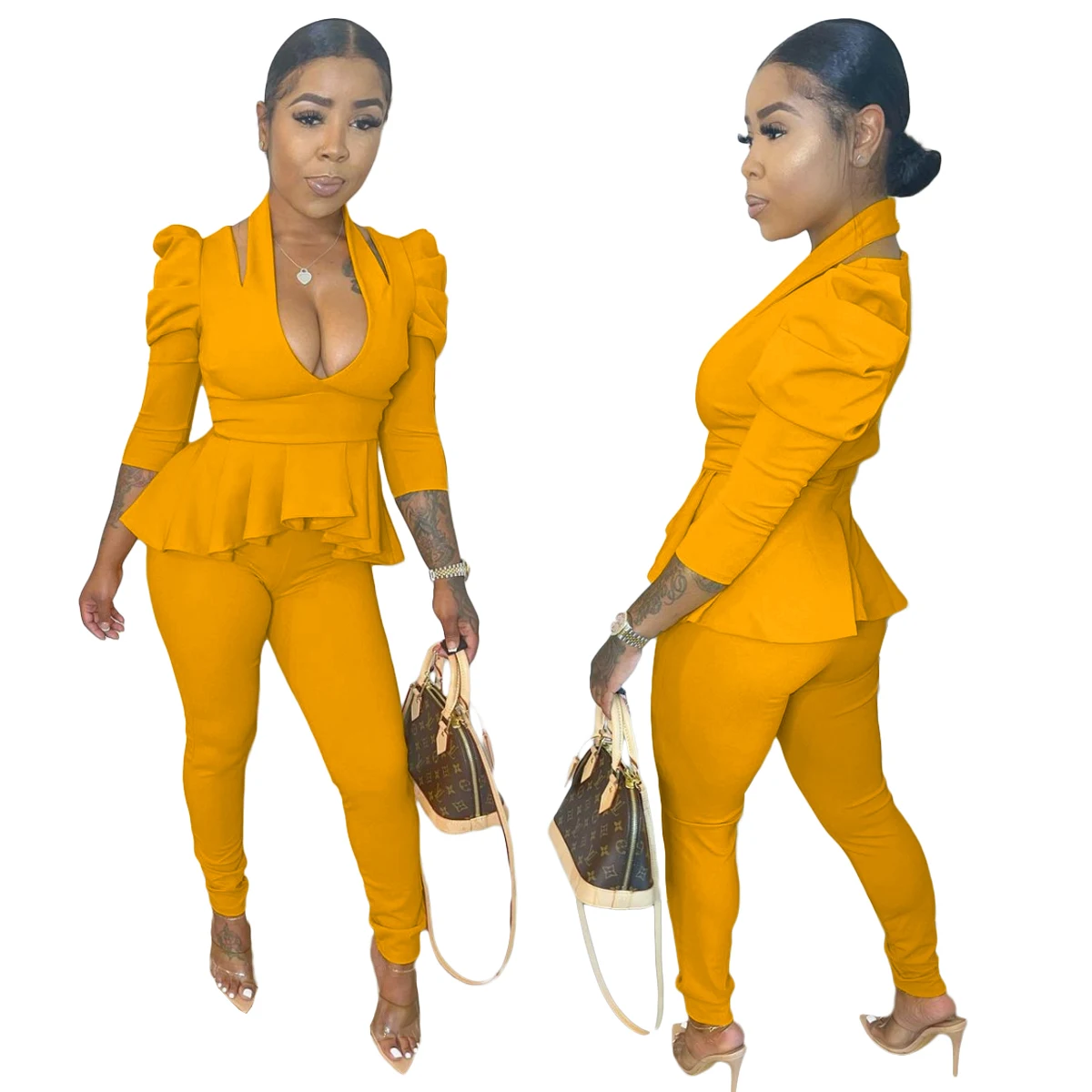 

2021 fall sets office new fashion hang neck pleated mid sleeve ruffles tops long pants 2 piece fall set women, 7 colors and also can make as your request
