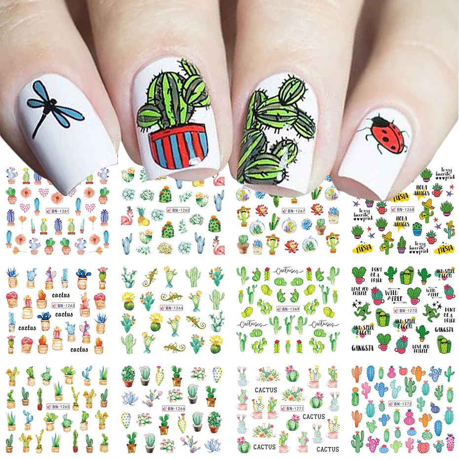 

12 Designs Cactus Sticker for Nail Leaf Water Transfer Slider Decals Manicure Nail Art Decoration Watermark Decor