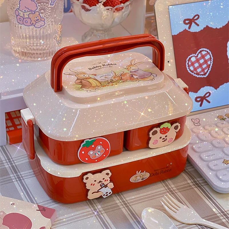 

Hot sale Kawaii Lunch Box Double Microwave Bento BoxFood Storage With Independent Cutlery For Camping Storage Box