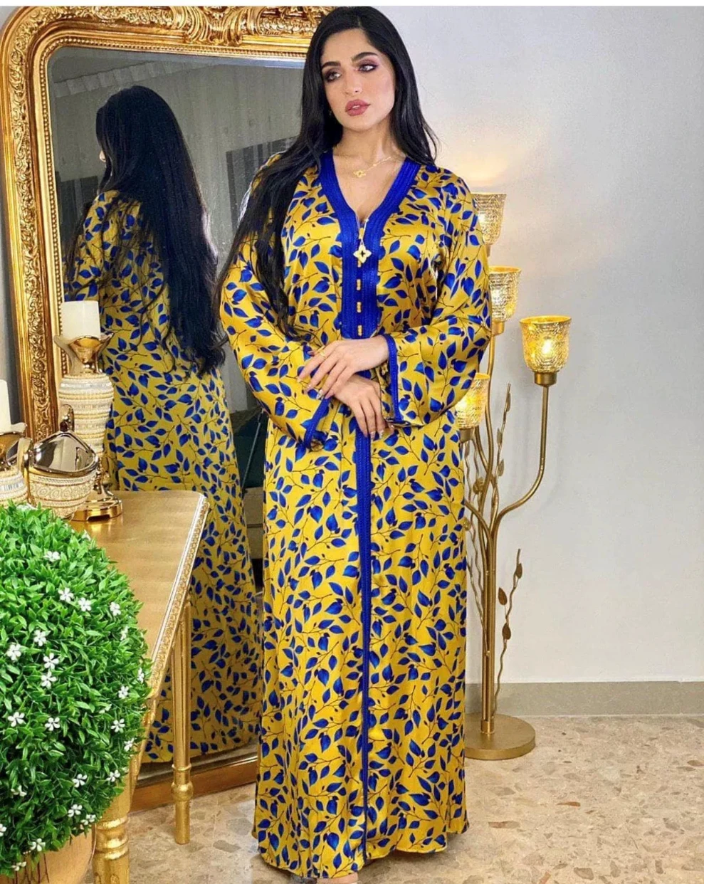 

latest jalabiya designs high quality elegant yellow robes women abaya floral print middle east islamic clothing, As picture