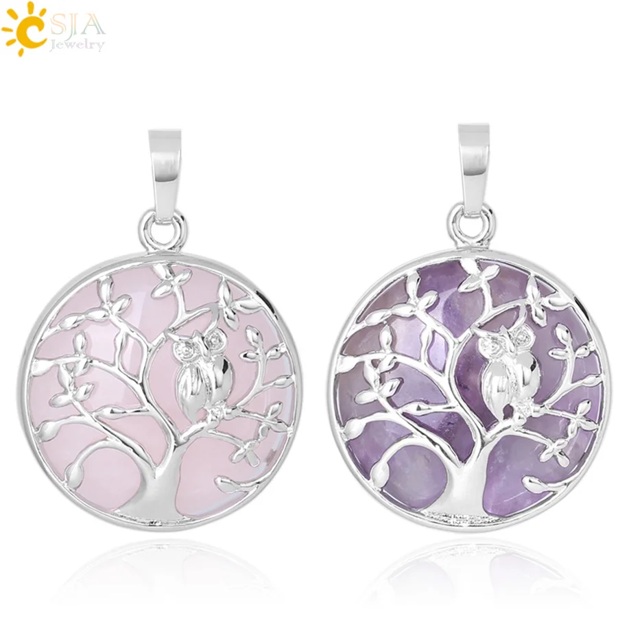 

CSJA wholesale gemstone jewellery accessories crystal tree of life stone pendant charm for necklace making reiki charm F337