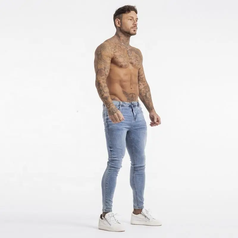 

Men Non Ripped stone wash fade blue denim pants Elastic Waist Big Size European on line shop supplier skinny jeans men