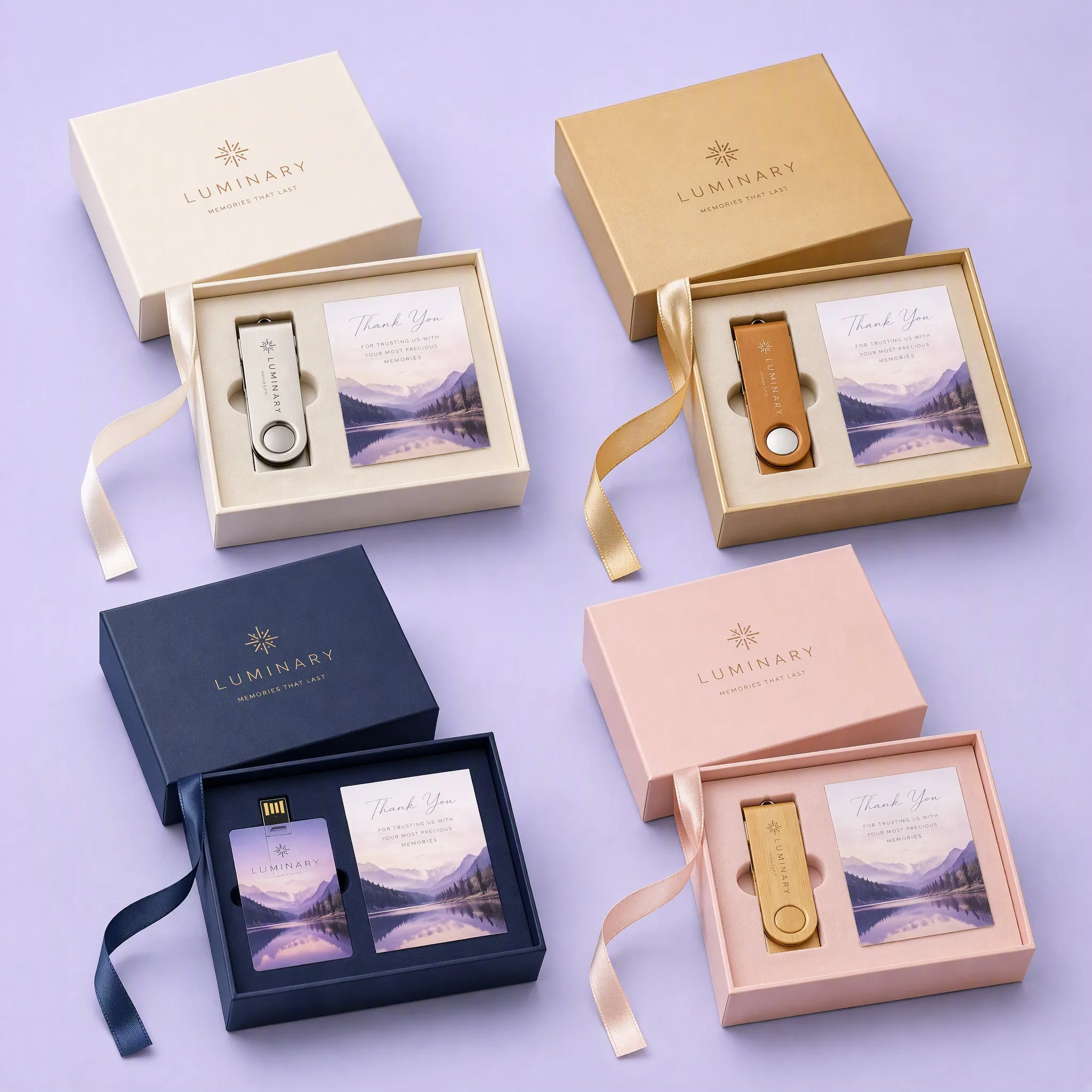 4-Box Luxury Color Palette: Ivory White with Steel USB, Champagne Gold with Leather USB, Midnight Navy with Card USB, and Blush Pink with Wood USB