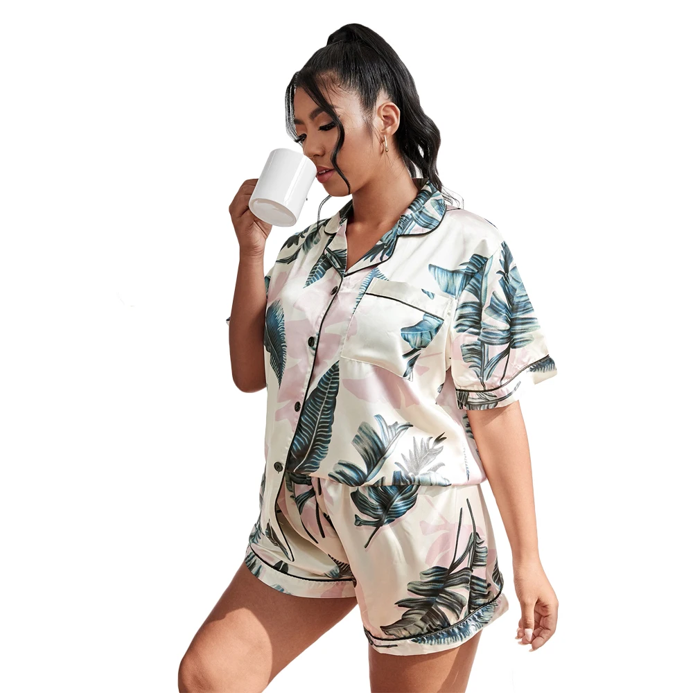 

Hot Selling Fat Lady Pajamas Short Sleeve Elegant Pyjamas Silky Satin Tropical Print Custom Plus Size Sleepwear Sets, Customized pattern