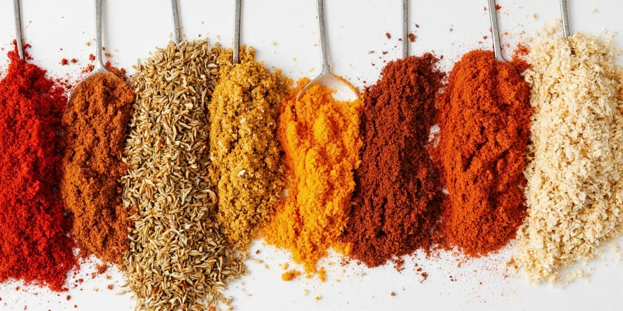 Bottles of chili powder next to dried red chiles