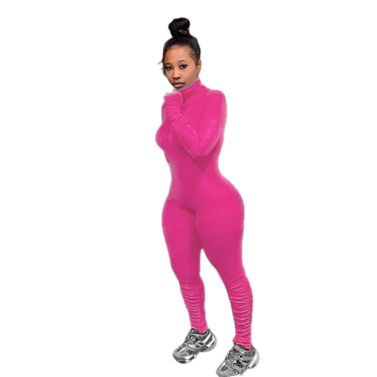 

trendy long sleeve rib knit zipper stacked pants sexy 2021 jumpsuit women rompers, Picture shown