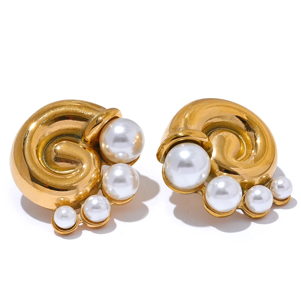 

JINYOU 3051 Gold 18k Plated Imitation Pearls Stainless Steel Conch Stud Earrings Women Vintage Fashion Elegant Jewelry Gala Gift