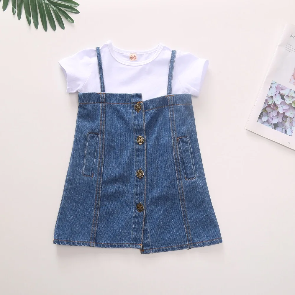 

Wholesale toddler girls clothing set Boutique summer denim overalls with white t shirt 2 pcs Clothing set for kids, Picture shows