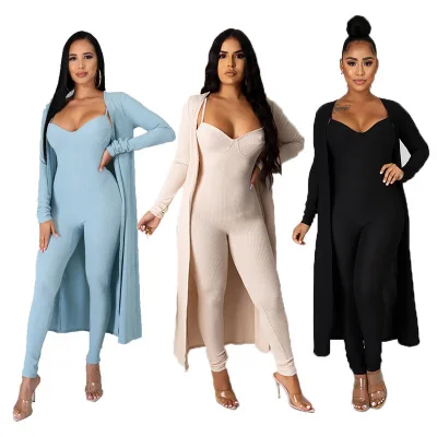 

Wholesale Solid Color Condole belt leisure long coat bodycon 2 piece jumpsuit Fashion suspender jumpsuit